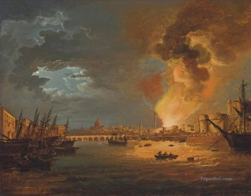 Un capricho de Londres con la quema de la Aduana 1814 por los buques de guerra William Sadler Pinturas al óleo